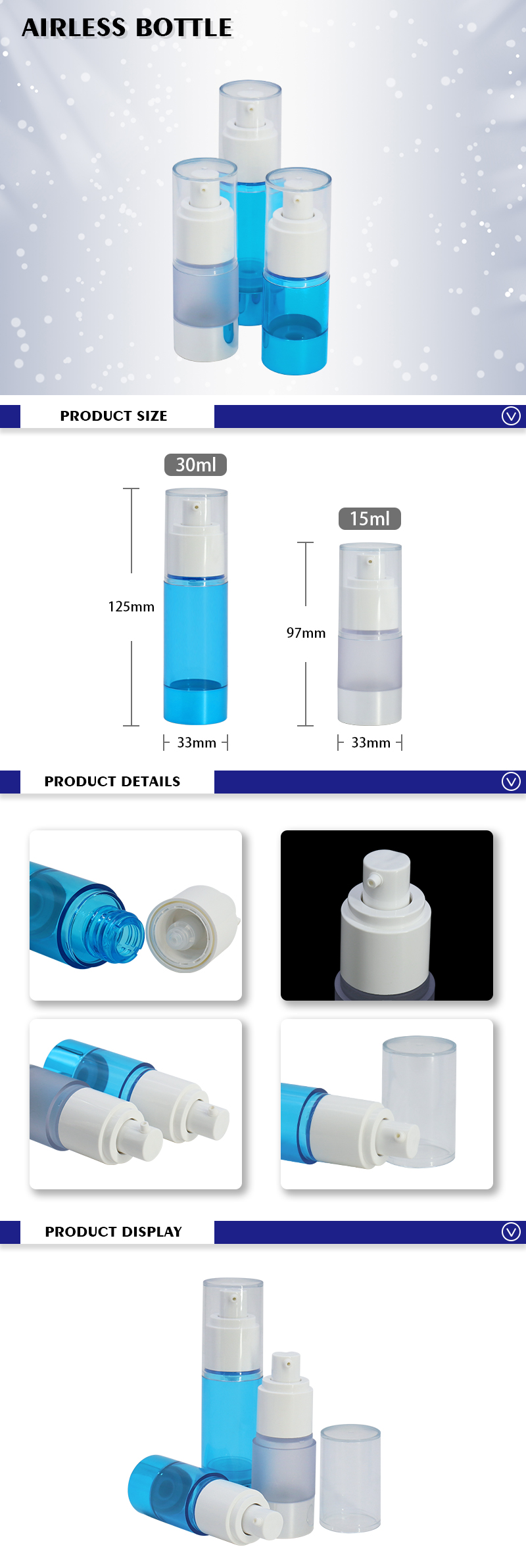 Blue Airless Makeup Pump Bottle , Fancy Cosmetic Bottles PCTG Material