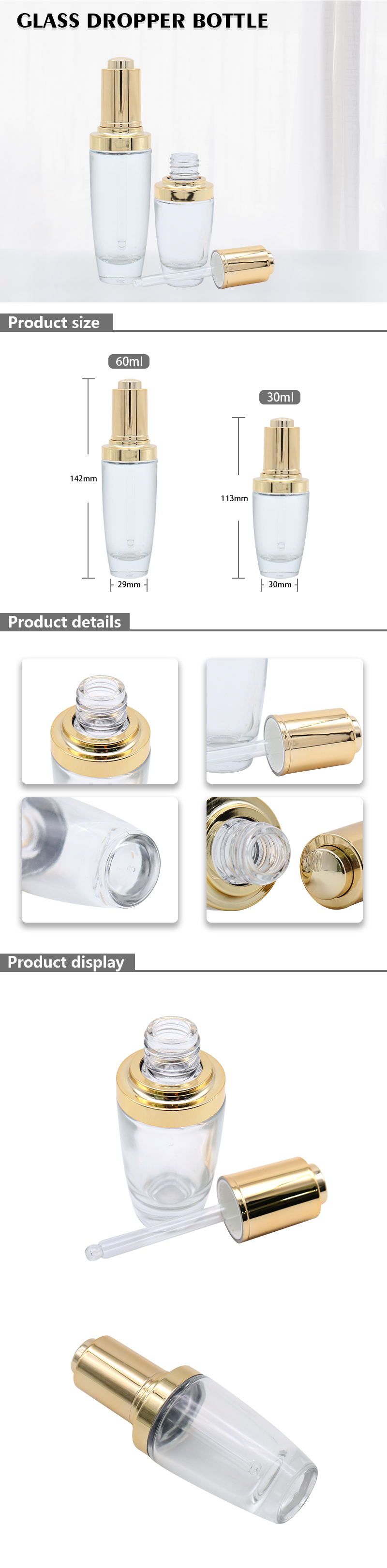 30ml 60ml Empty Cosmetic Dropper Bottles Glass Material Golden Cap