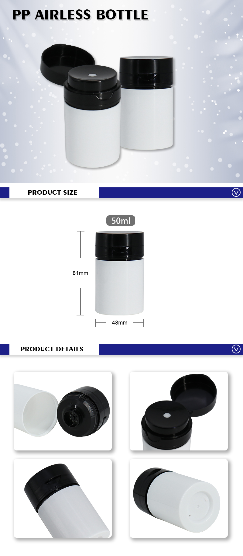 Black Pump Airless Cream Bottle 50ml Round Shape OEM Customized