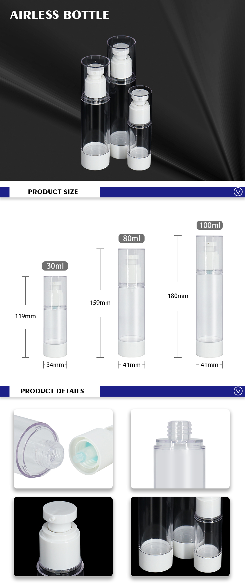 30ml 80ml 100ml Airless Cosmetic Bottles , Lotion Bottle with Airless Pump