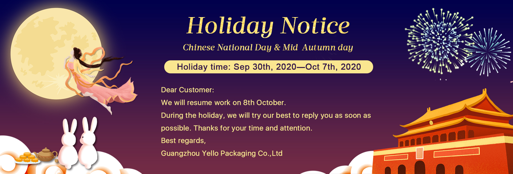 Holiday Notice - Chinese National Day & Mid Autumn Day