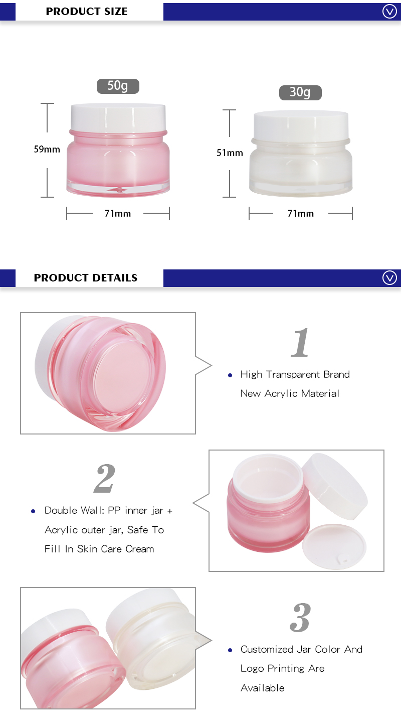 Color Made PMMA Acrylic Face Cream Jars , 30g / 50g Plastic Pink Serum Containers