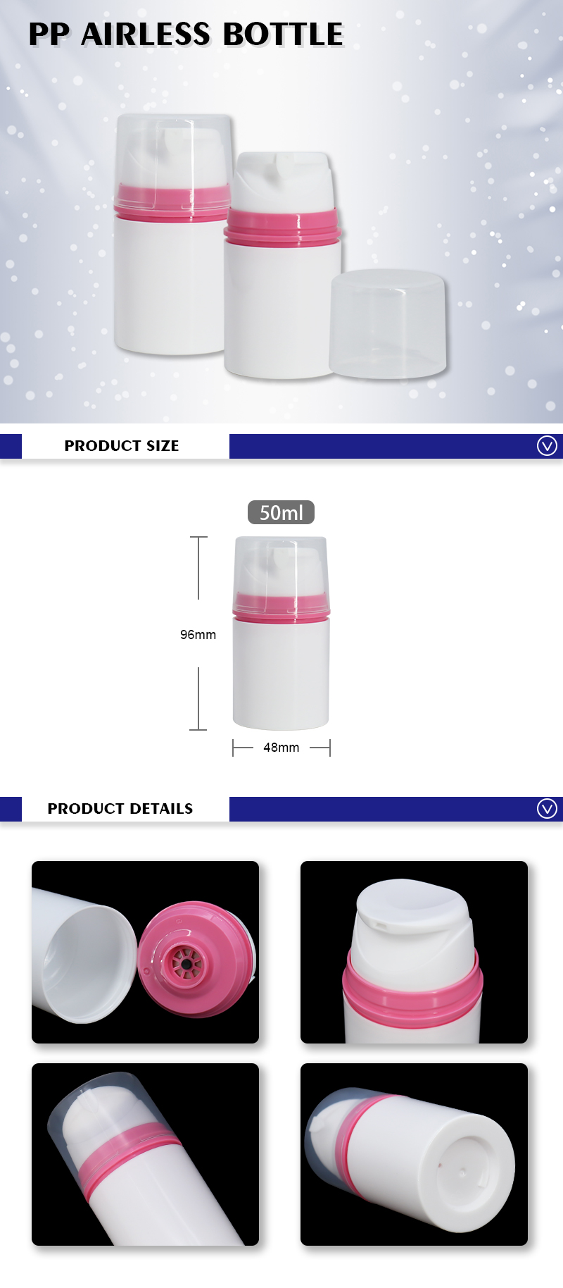 50ml White Plastic PP Airless Bottle for Foundation Make Up , Sunscreen Lotion Bottles