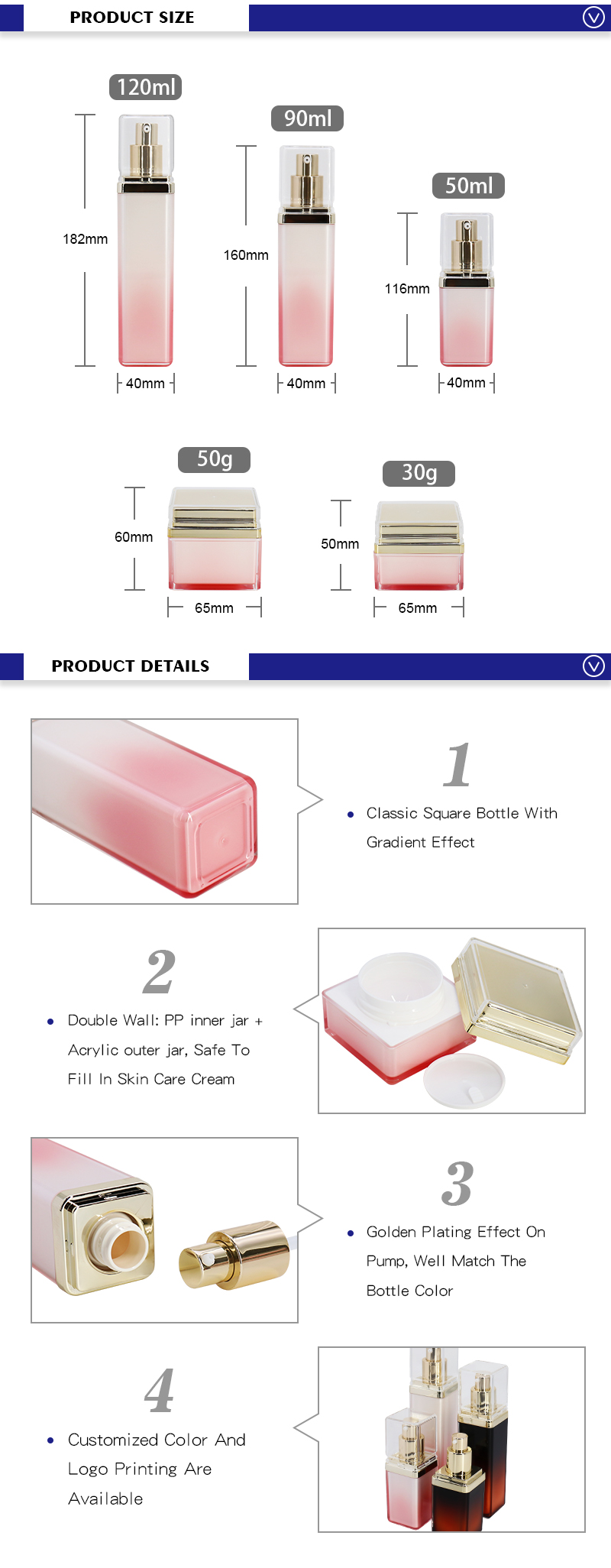 High Luxury Square Cosmetic Lotion Bottle And Cream Jars , PMMA Plastic Empty Cosmetic Packaging