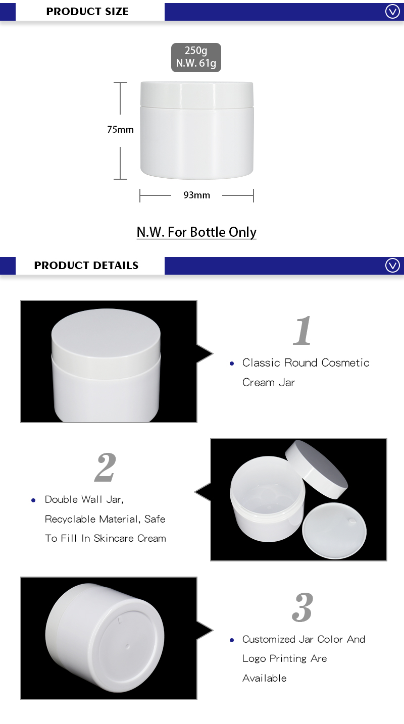 Pure White Empty PP Plastic Cosmetics Face Mask Jars 250g