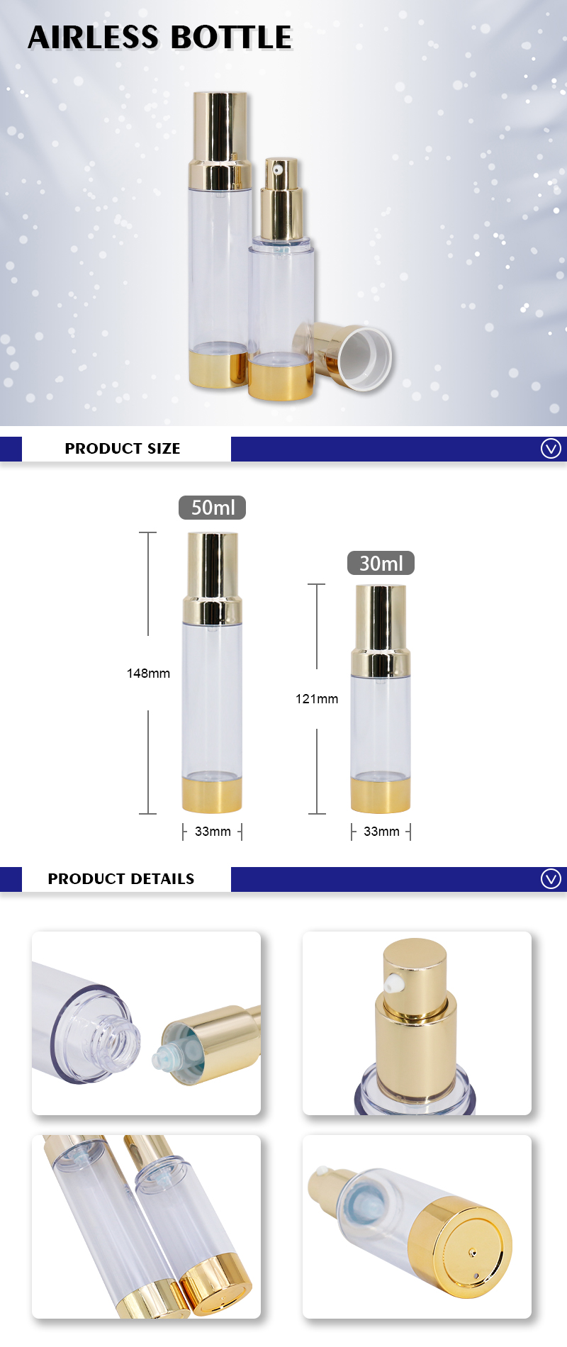 50ml 30ml Golden Press Pump Airless Essence Bottles