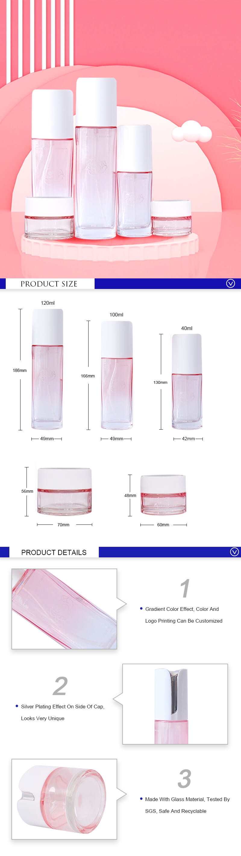  Wholesale Gradient Pink Glass 30ml Cosmetic Jars And Lotion Bottles With Pump