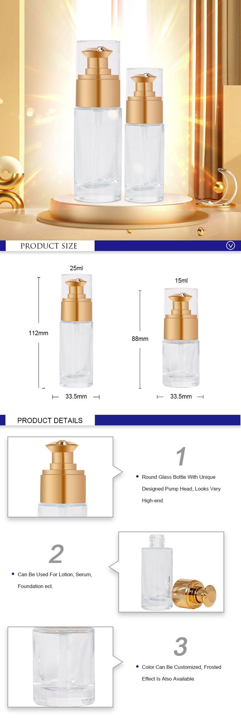 Refillable 15ml 25ml Glass Lotion Bottles, Luxury Gold Cream Pump Bottles