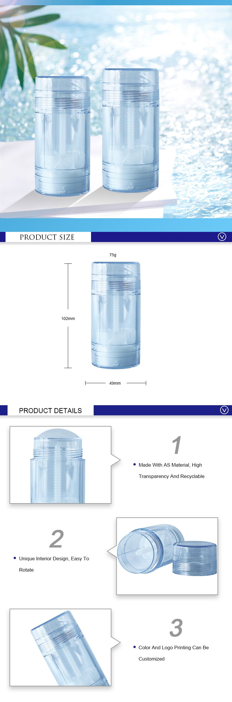 Refillable Plastic Clear Cylinder Deodorant Stick Empty Containers