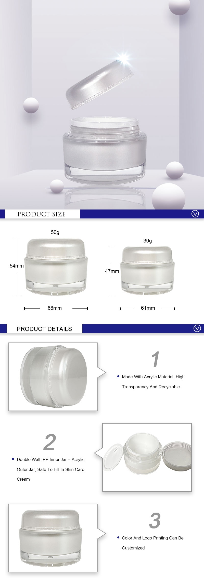30 gm 50 gm Acrylic Cream Jars With Lids / Plastic Cosmetic Containers