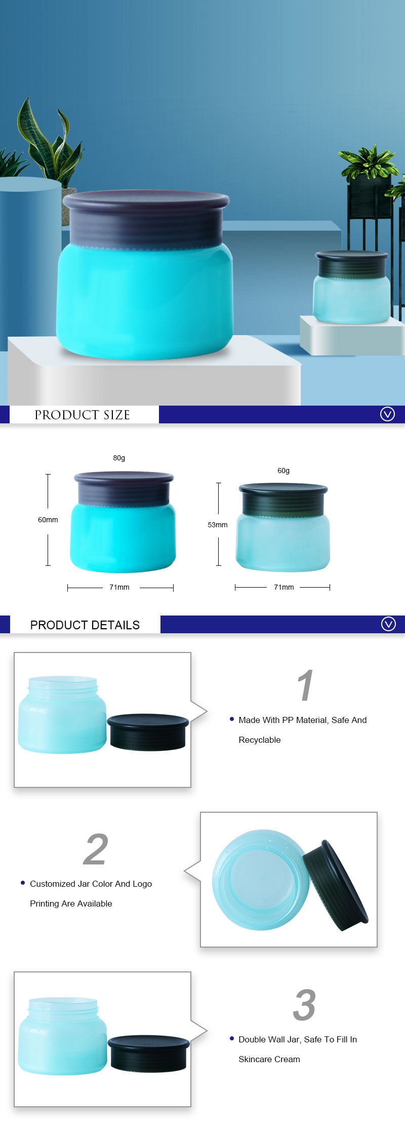 Frosted Blue Cosmetic Cream Containers