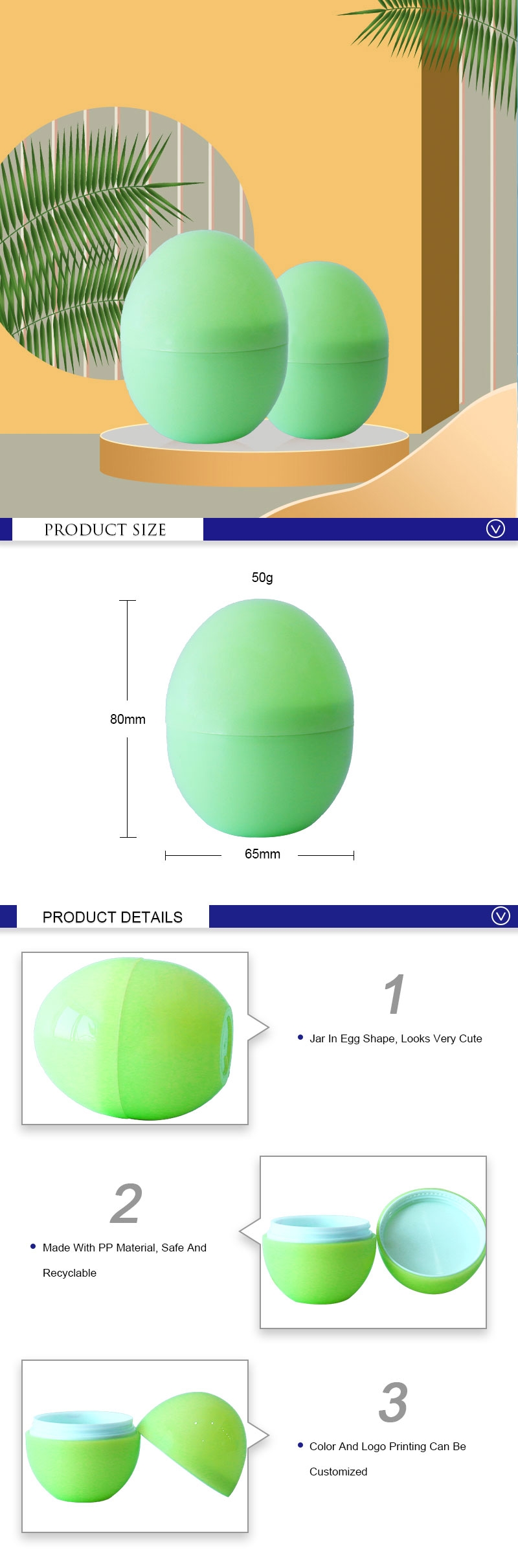 Wholesale 50ml 1.7 oz Cosmetic Jars Plastic Cream Container Green Egg Shape