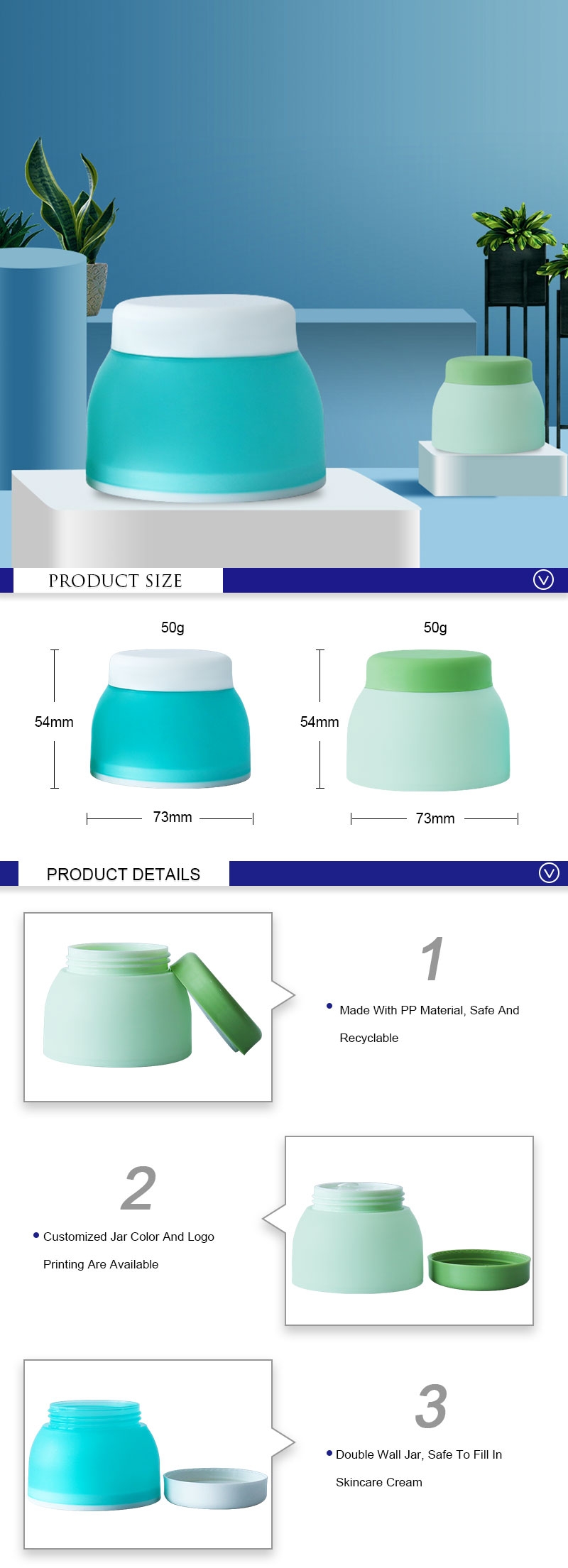 Fancy Matte Green 50ml Plastic Cosmetic Cream Jar Packaging